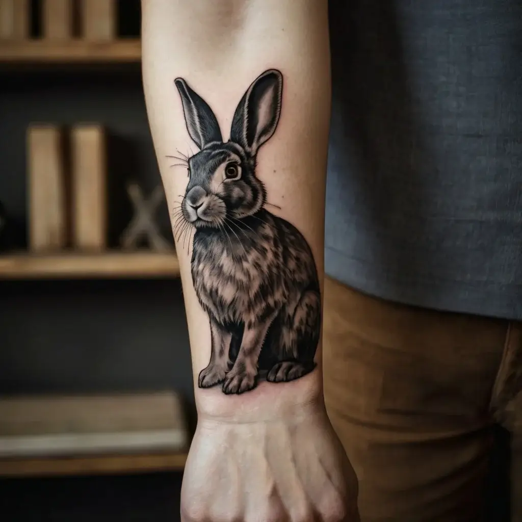 Realistic black and gray rabbit tattoo on forearm, featuring intricate fur details and expressive eyes.