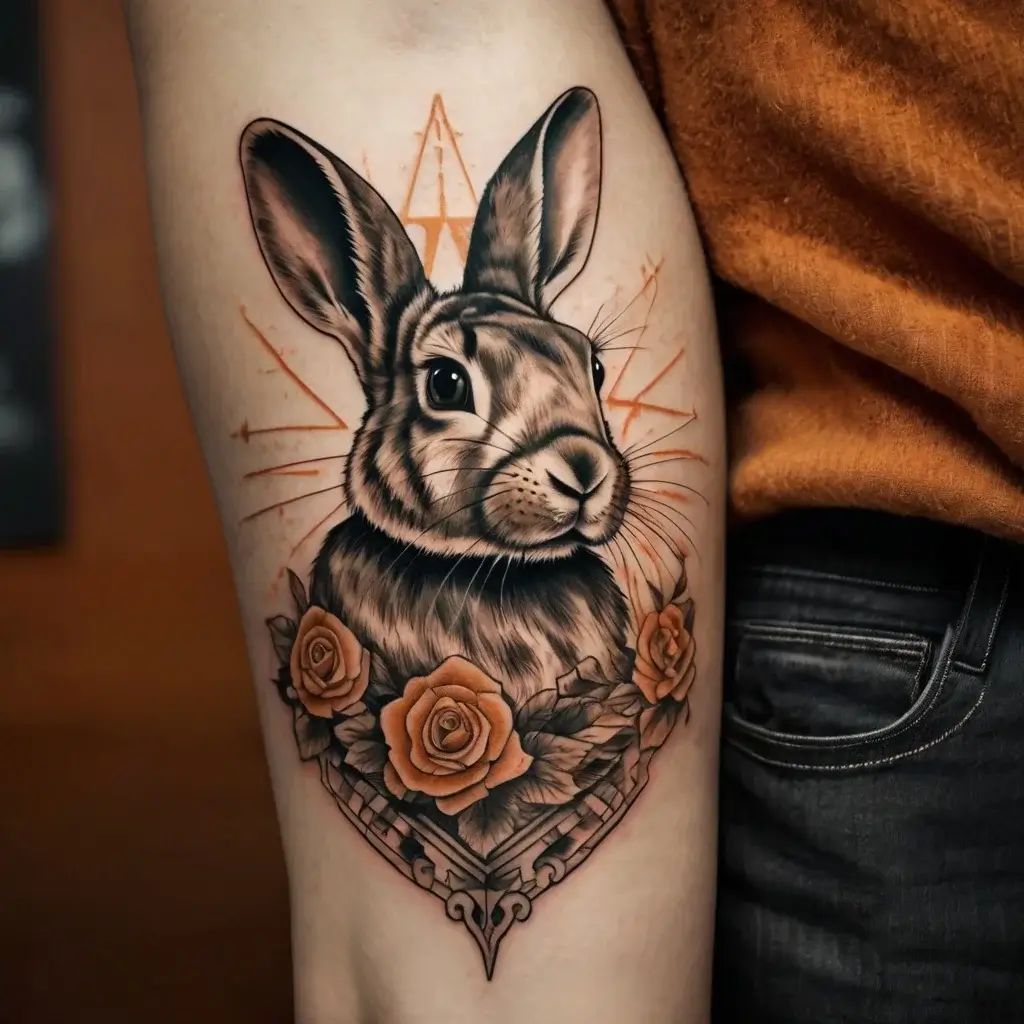 Realistic rabbit tattoo with vibrant orange roses and geometric accents, blending nature and symmetry on the upper arm.