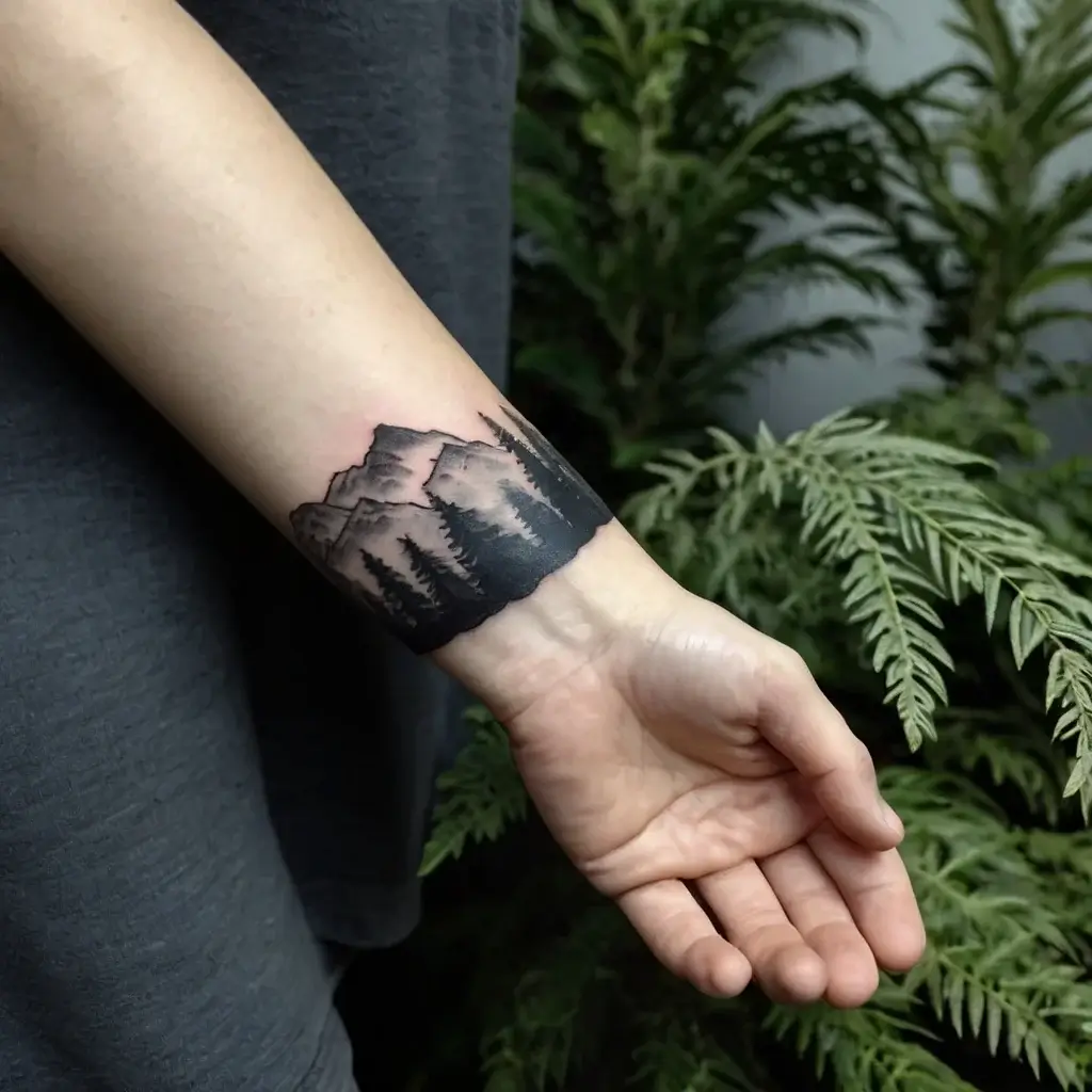 Black ink wrist tattoo of a mountain landscape with evergreen trees, blending natural scenery into a bold bracelet design.