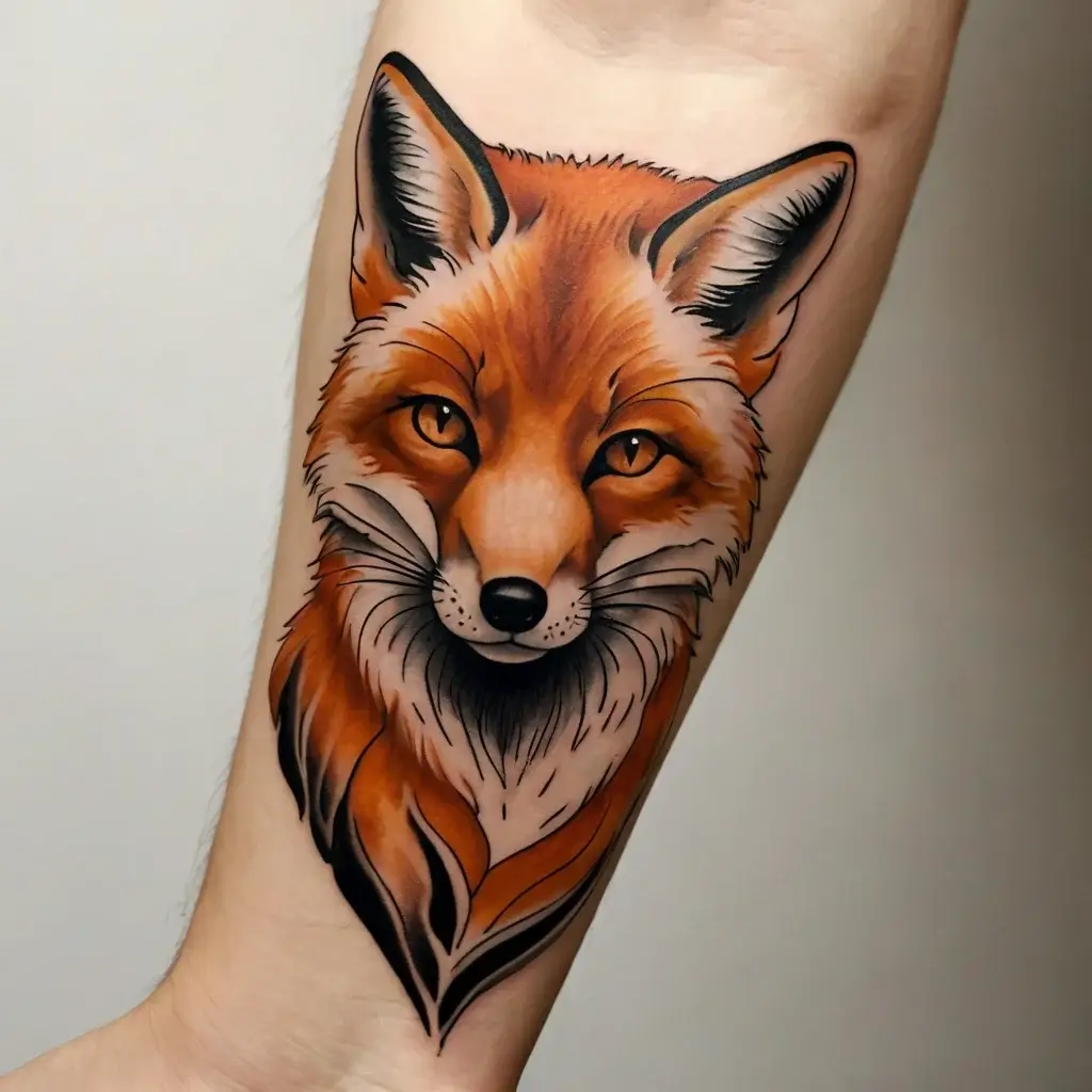 Realistic fox tattoo on forearm, blending vibrant orange and black tones for depth and lifelike detail.