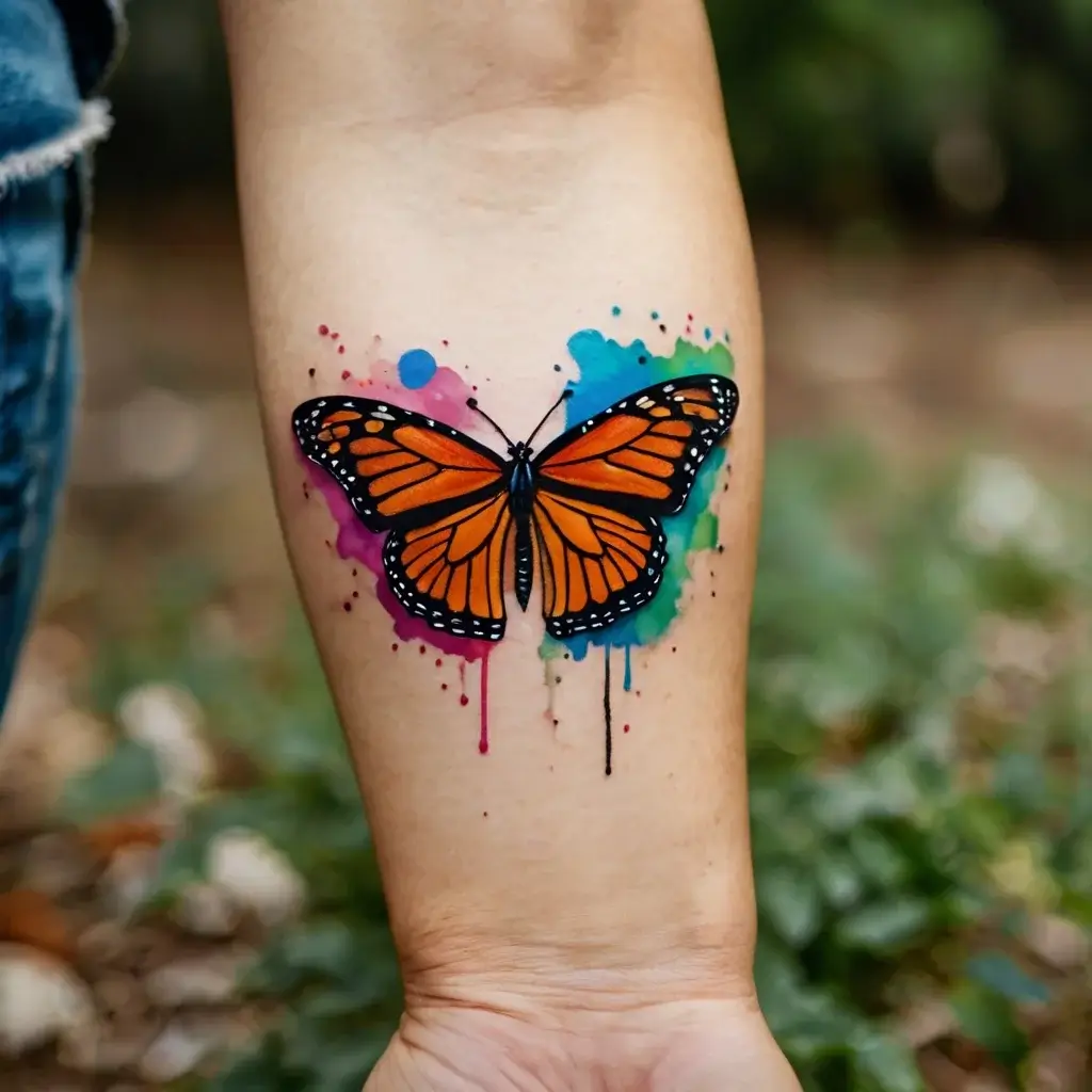 Watercolor butterfly tattoo: vibrant orange monarch with black details, splashes of pink, blue, and green as background.