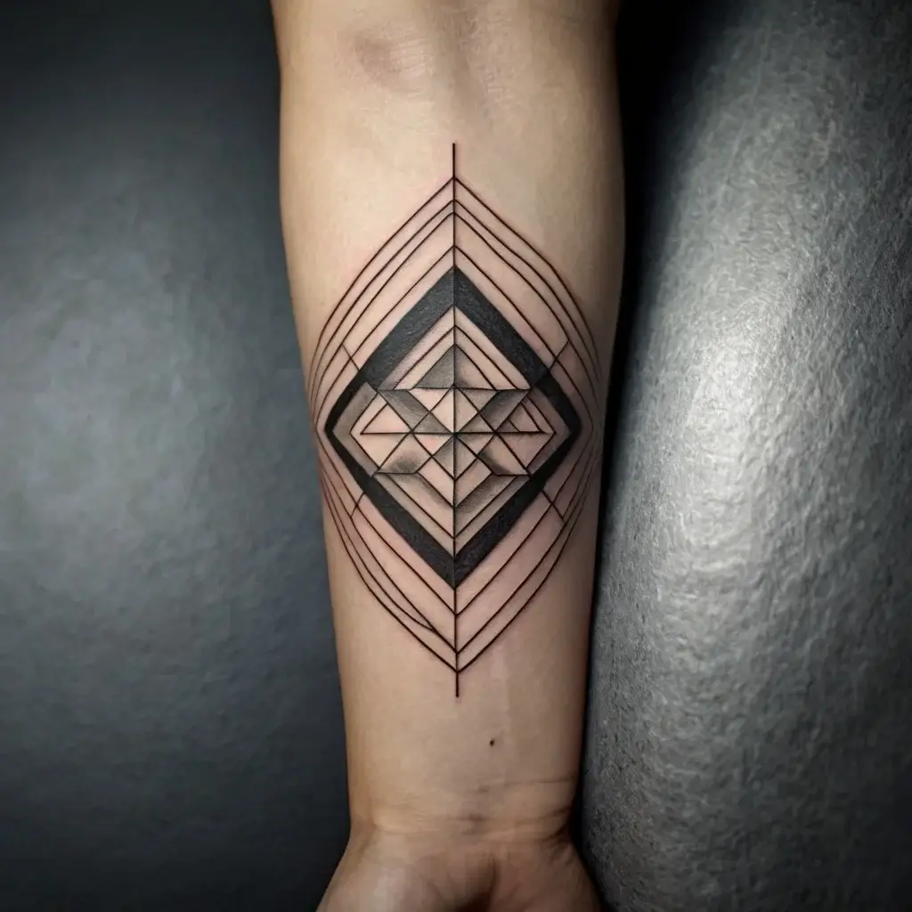 Geometric tattoo with intersecting lines forming symmetrical diamond shapes and layered patterns on forearm.