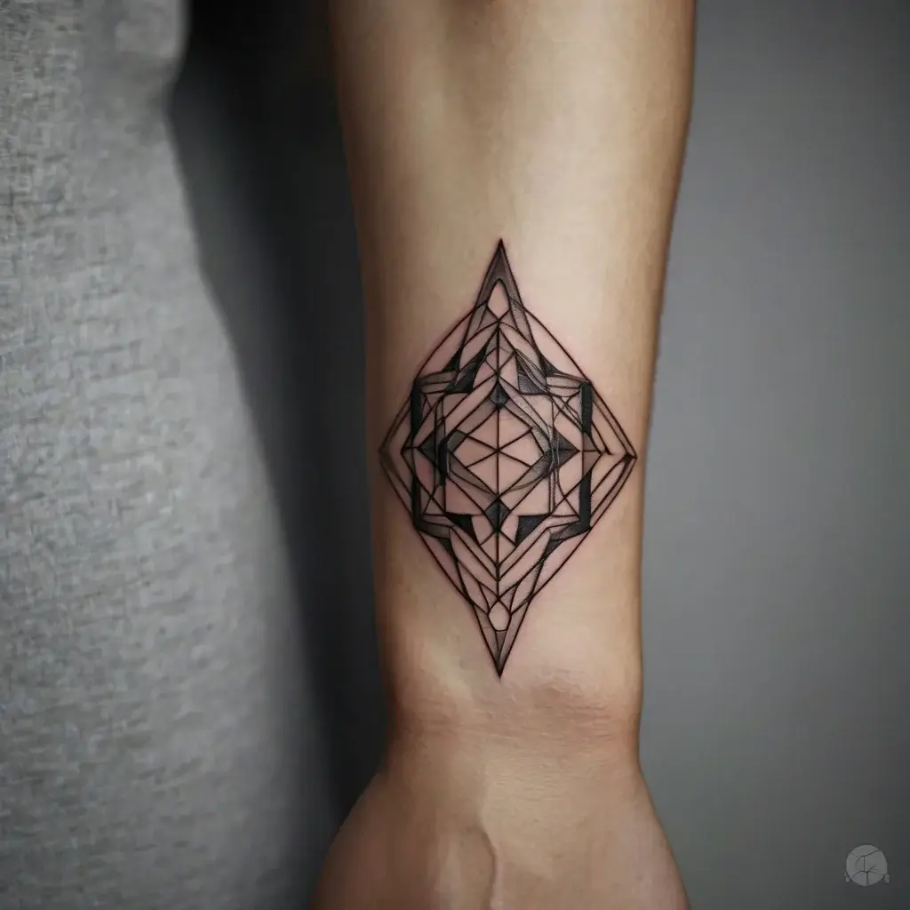 Geometric tattoo with intricate overlapping lines forming a symmetrical diamond shape, creating a 3D illusion on the arm.