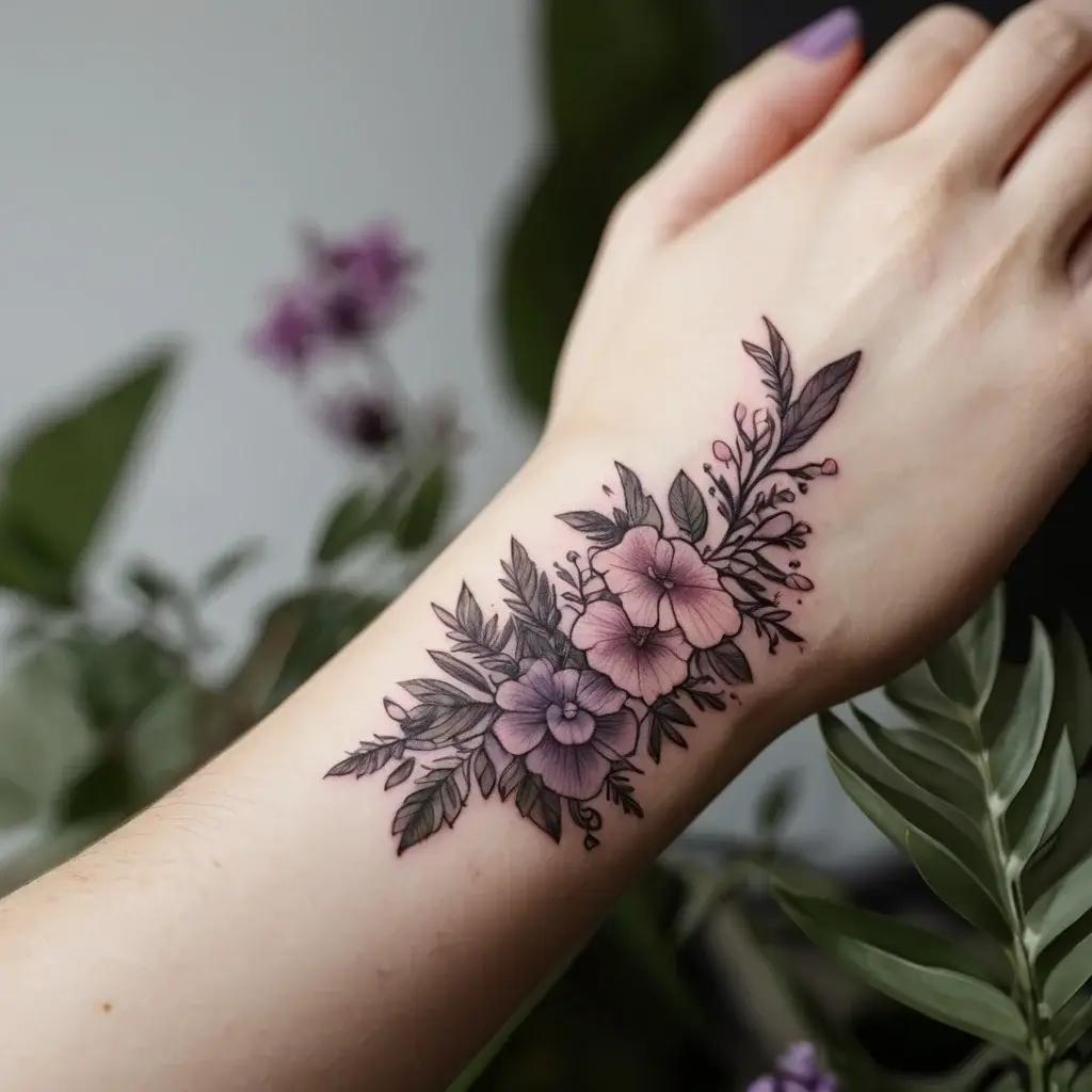 Tattoo of delicate purple flowers and green leaves on wrist, blending realism and artistry in a stylish floral arrangement.