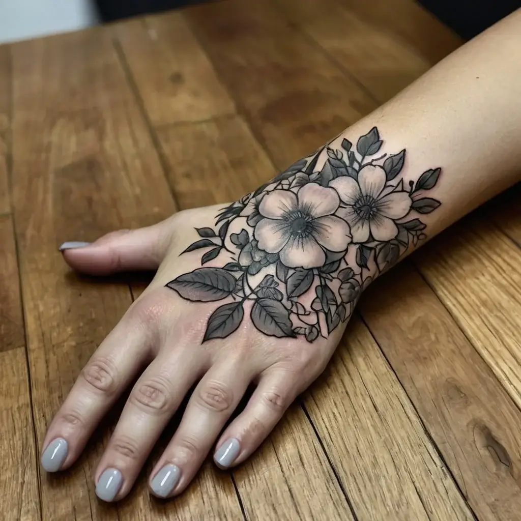 Black and gray floral tattoo on hand, featuring detailed shading of large flowers with leaves intricately designed.