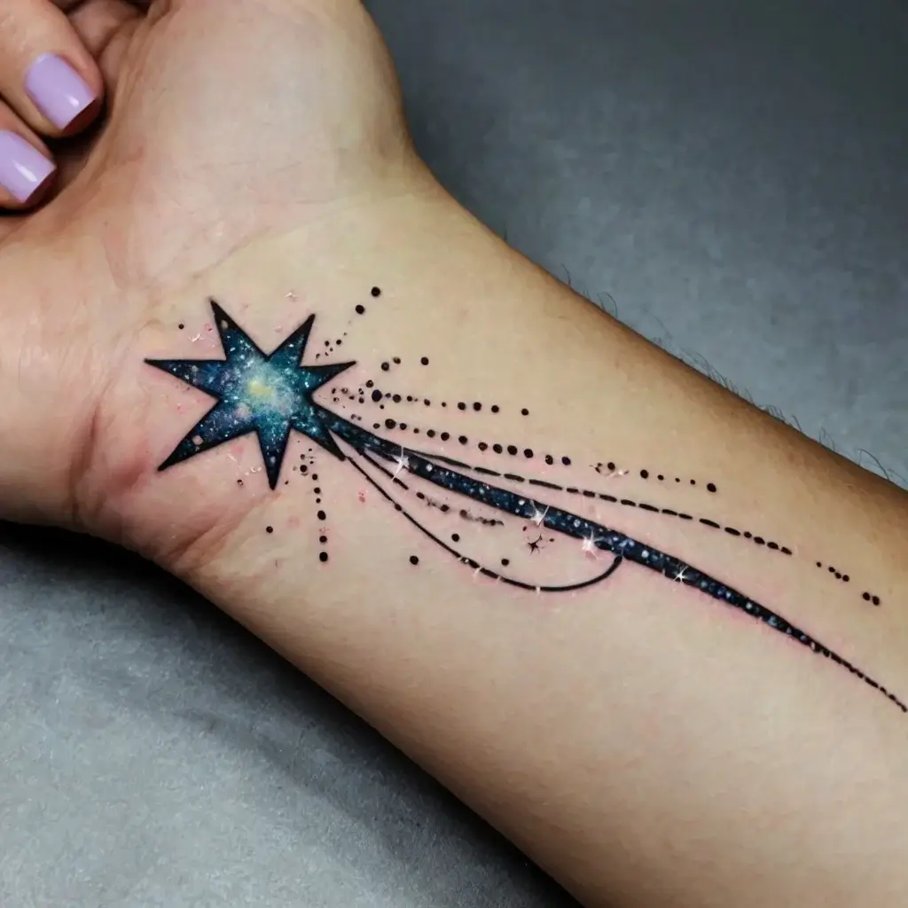 A galaxy-themed shooting star tattoo with vibrant colors and dot work on the forearm, exuding cosmic energy.