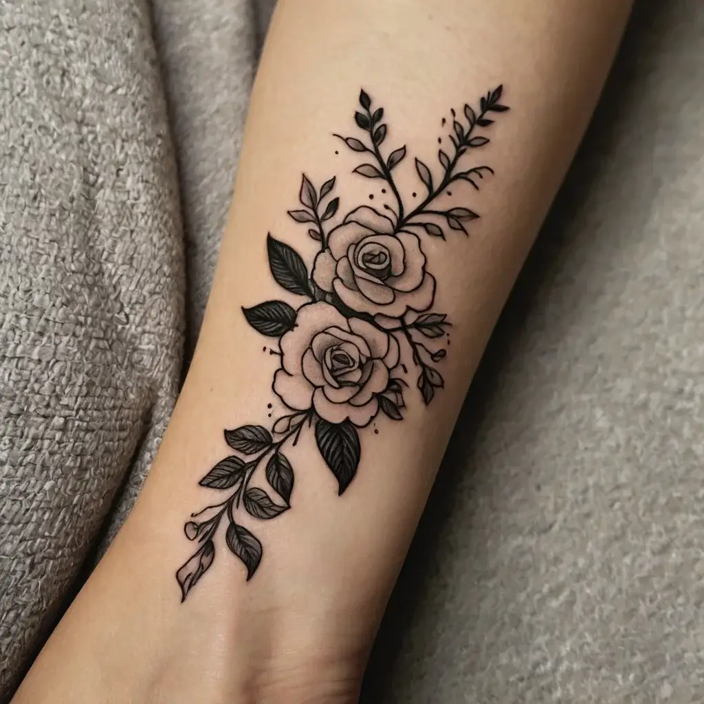 Tattoo with two detailed roses and delicate leaves entwined on the forearm, showcasing fine black linework.