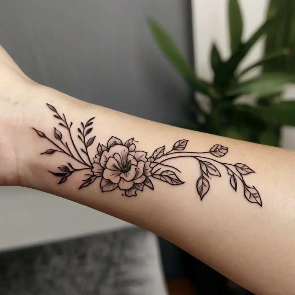 Delicate black ink floral tattoo with a blooming rose and intricate leaves on the forearm.