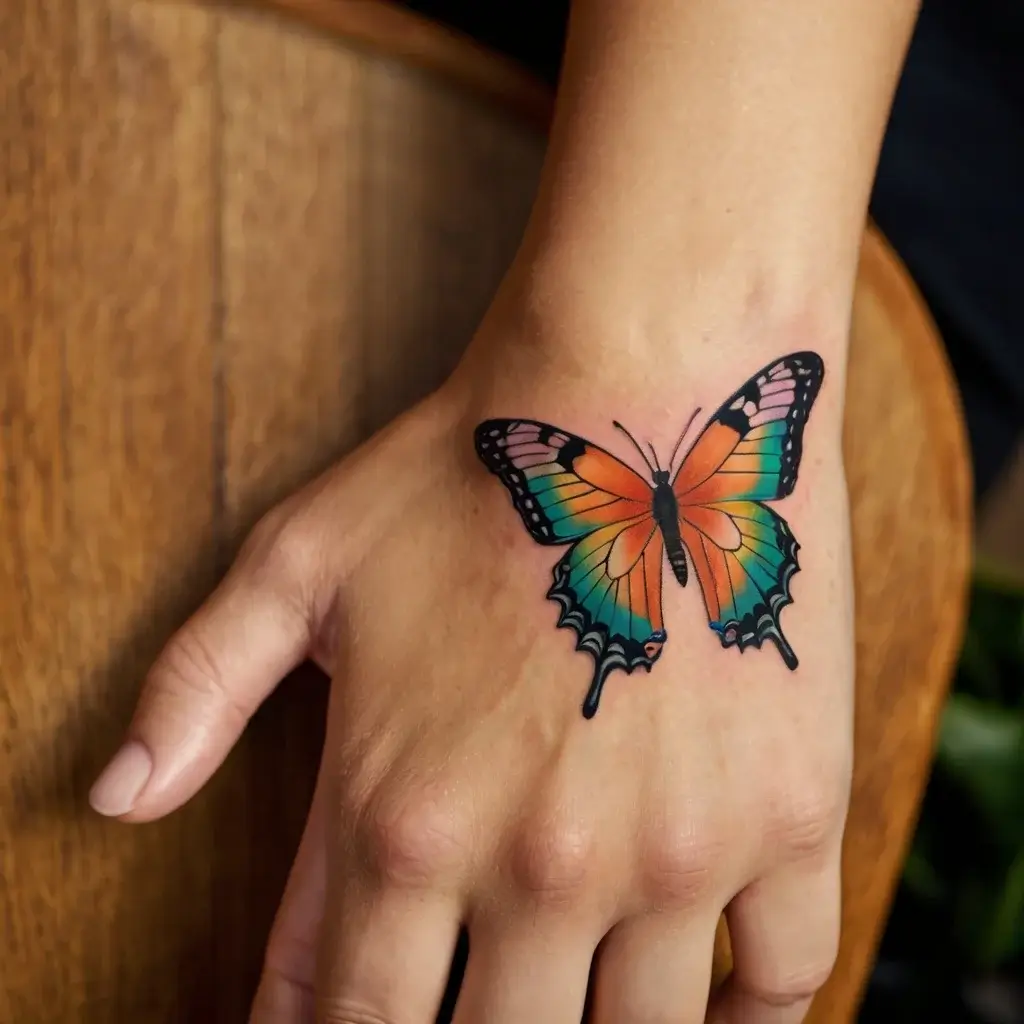 Colorful butterfly tattoo on hand, featuring gradients of orange, green, and blue with detailed black outlines and accents.