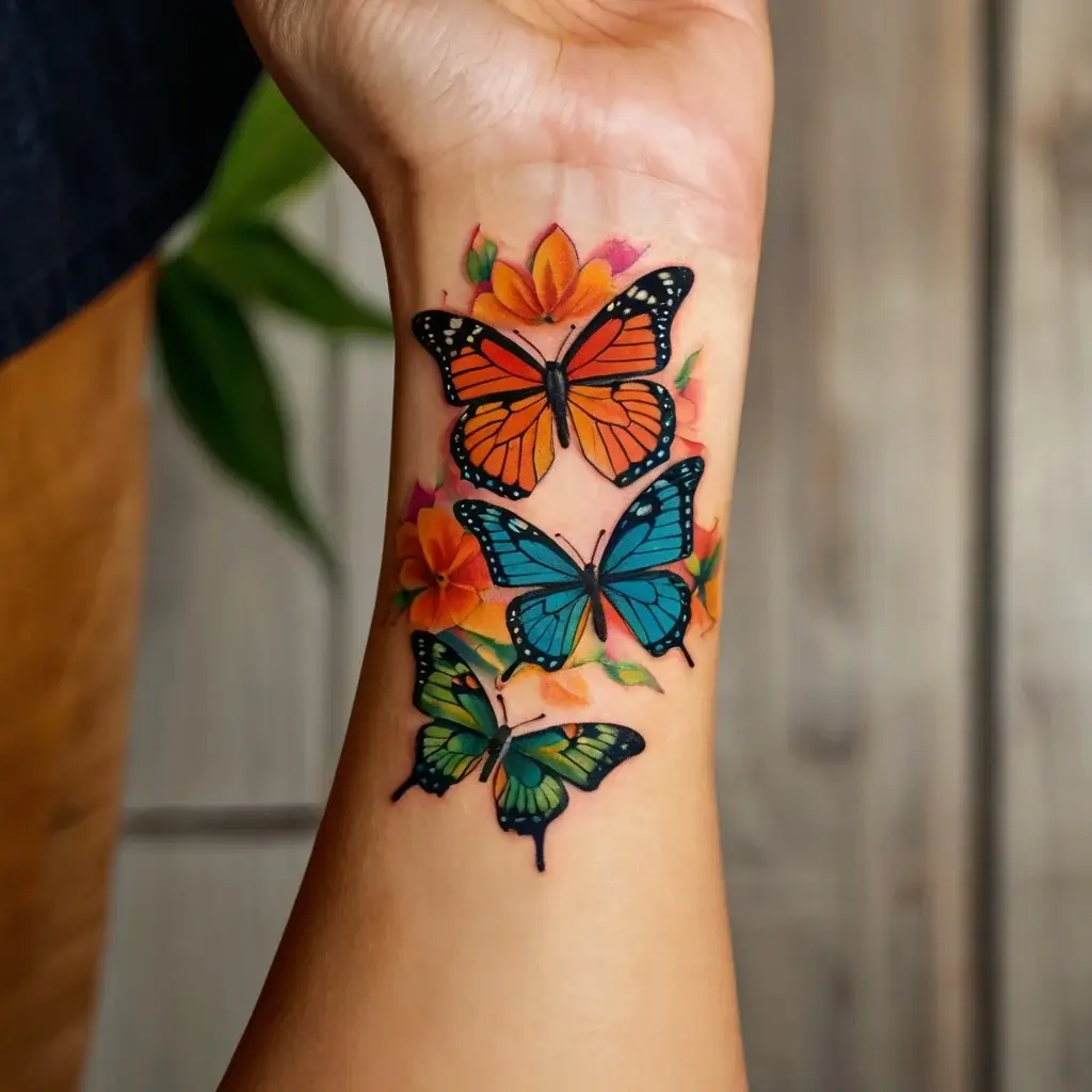 Vibrant tattoo of three butterflies in orange, blue, and green with colorful flowers, symbolizing transformation and nature.