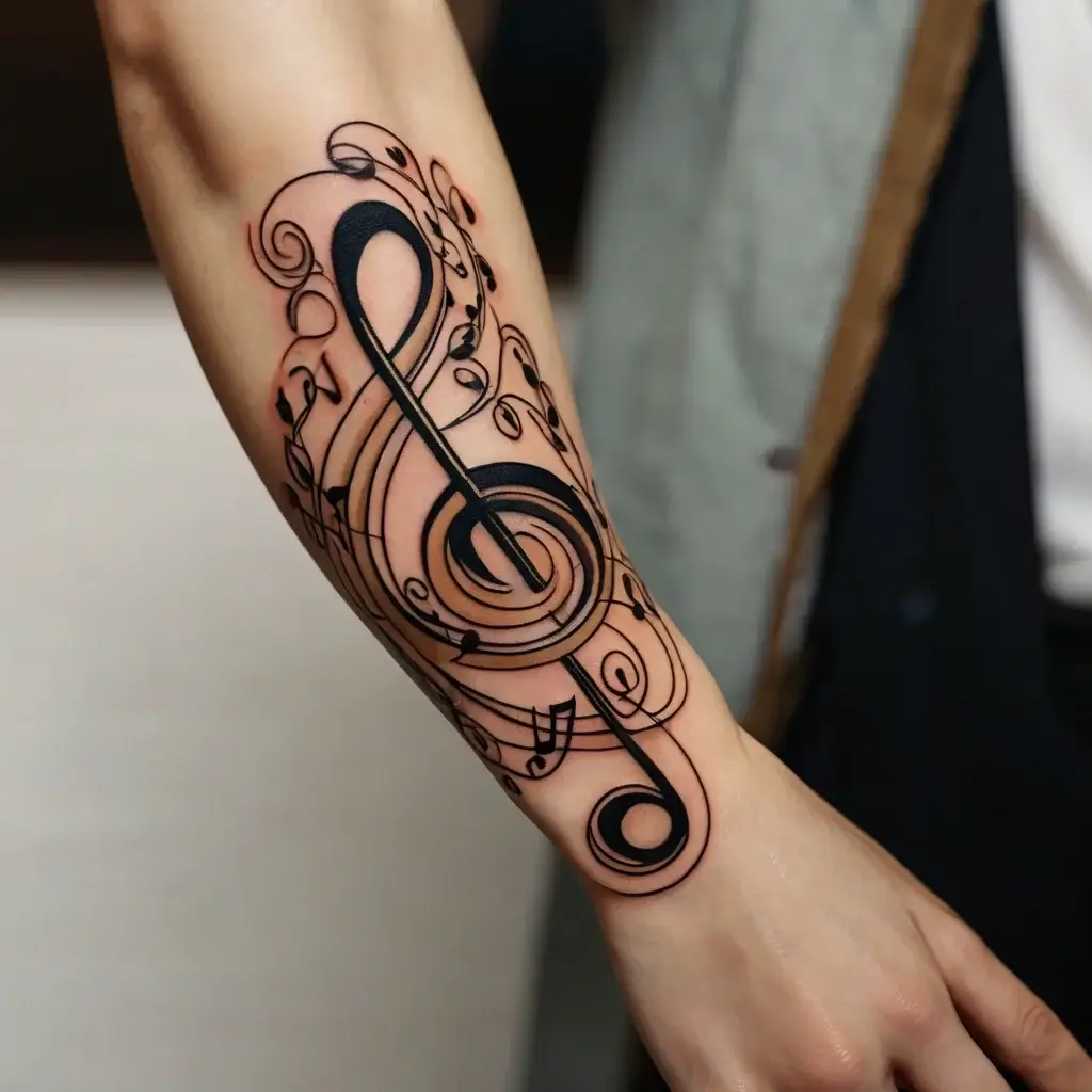 Tattoo with a bold treble clef entwined with flowing musical notes, symbolizing harmony and passion for music.