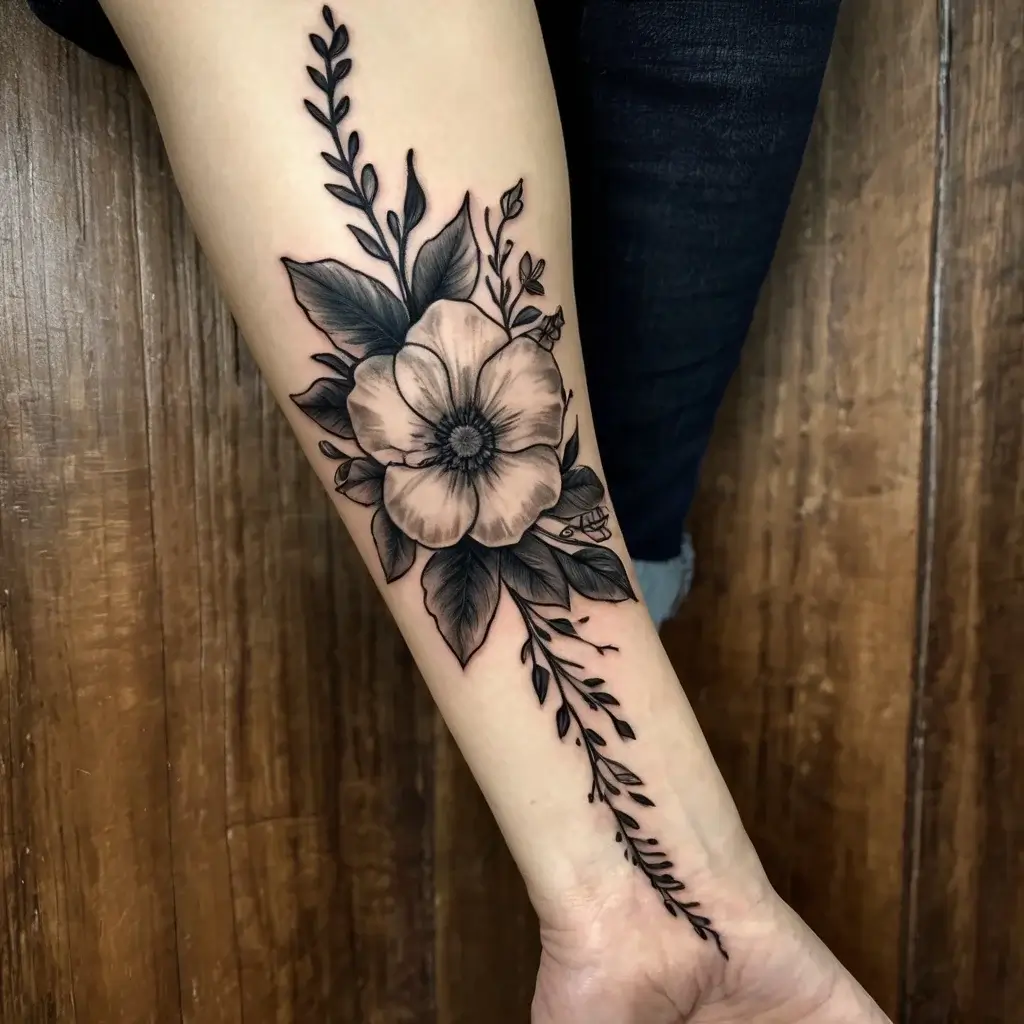 Black and gray floral tattoo with a central flower, bold leaves, and delicate branches cascading down the forearm.