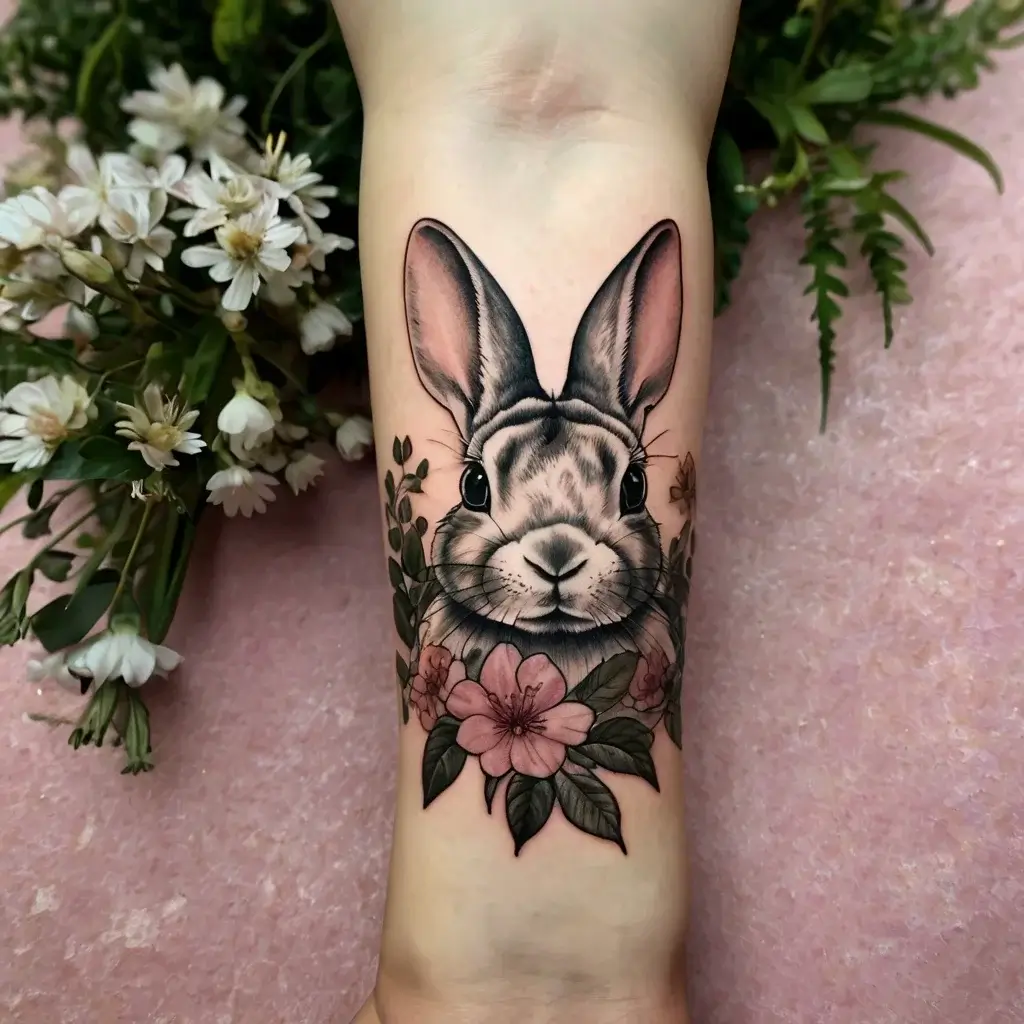 Realistic rabbit tattoo with detailed fur, surrounded by pink flowers and green leaves, symbolizing innocence and nature.