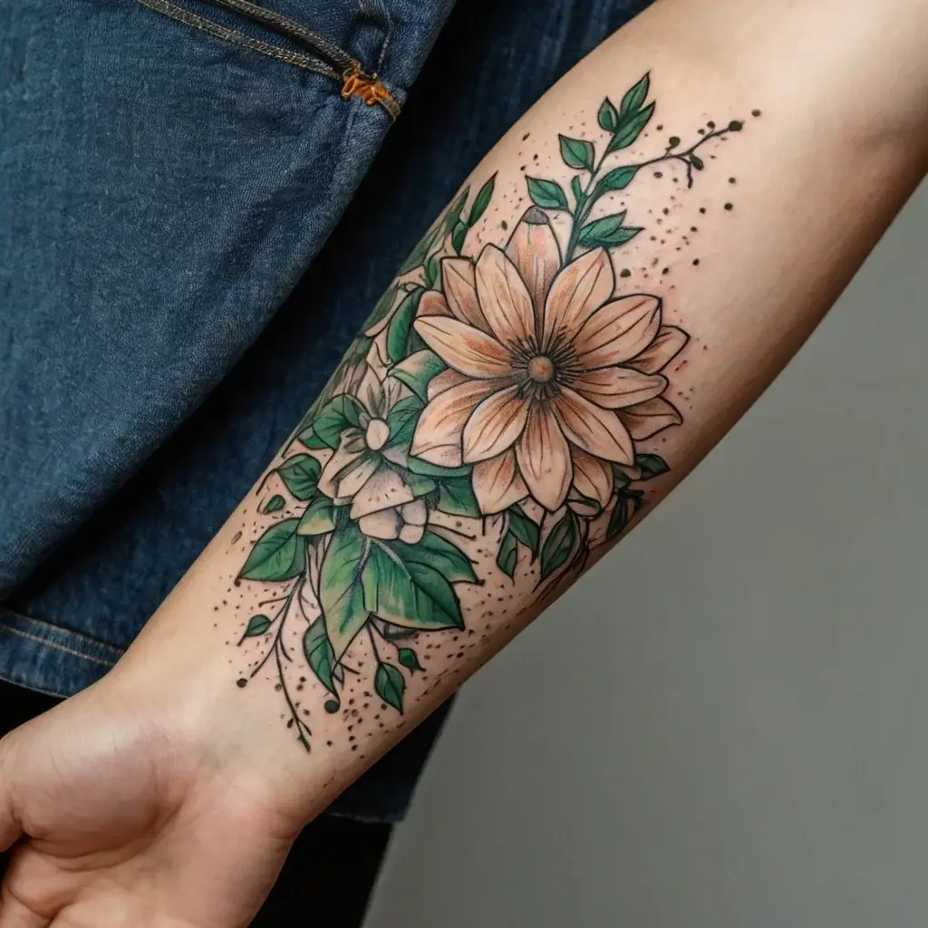 A floral tattoo on the forearm features vibrant peach flowers with green leaves and delicate dot work accents.