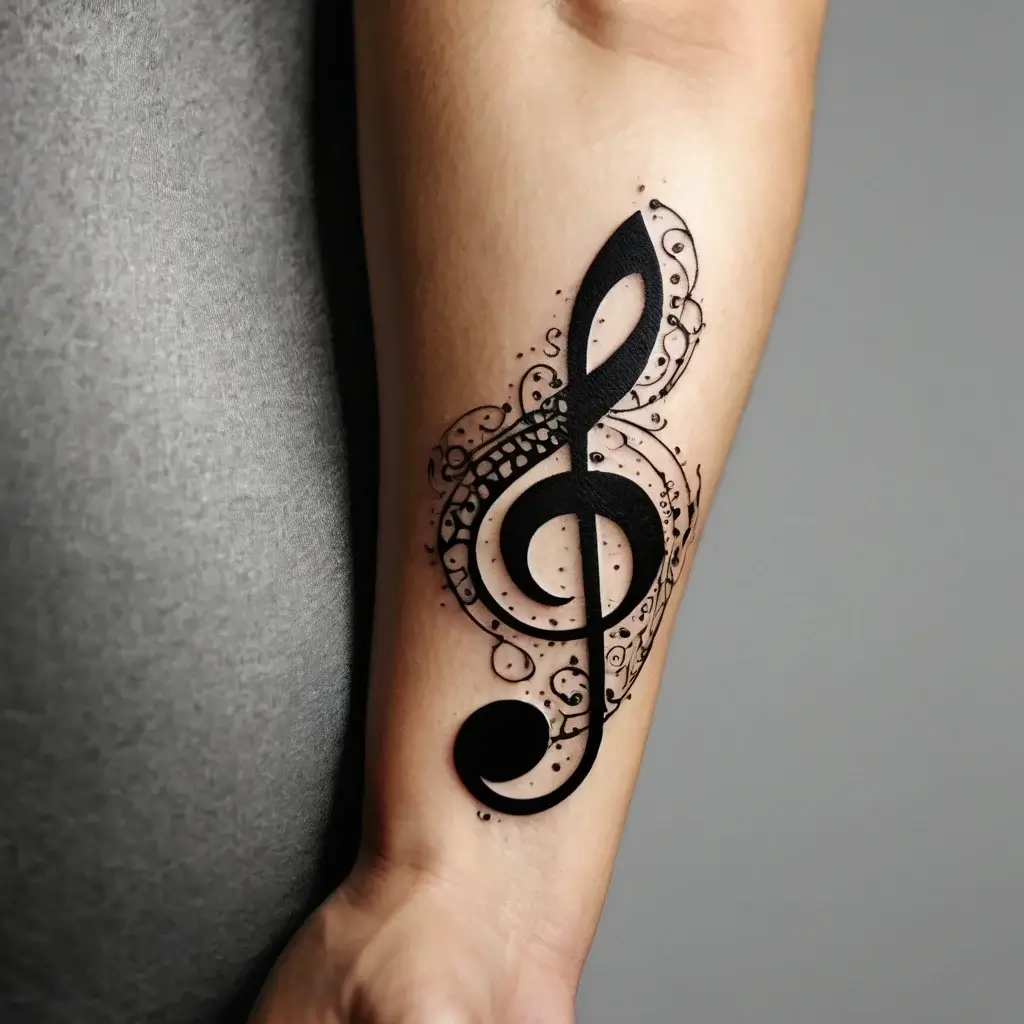 Ornate black treble clef tattoo with swirling dot and line accents, symbolizing a deep love for music.