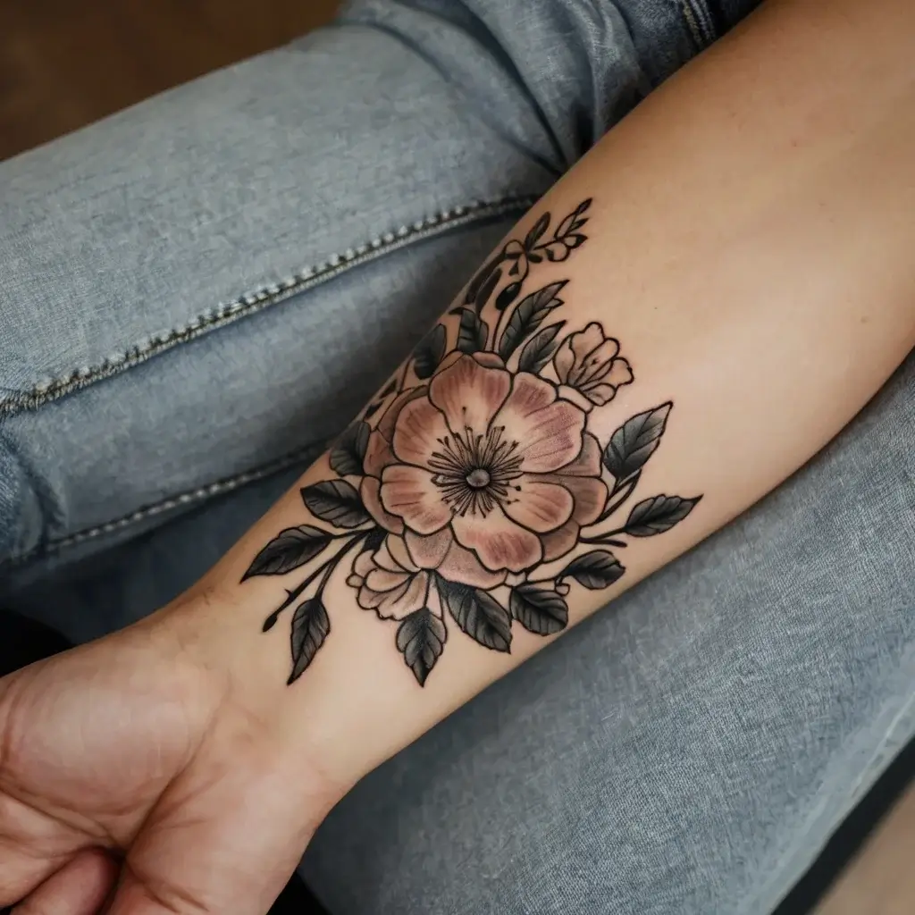 A detailed tattoo of a large blooming flower with layered petals and surrounding leaves, inked intricately on the forearm.