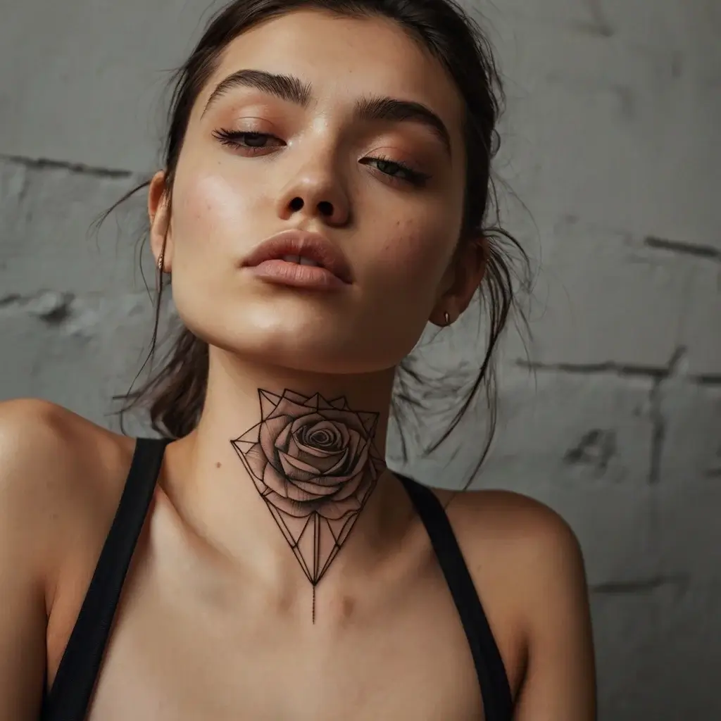 Neck tattoo of a geometric rose, blending traditional floral elements with modern, angular lines for a striking effect.