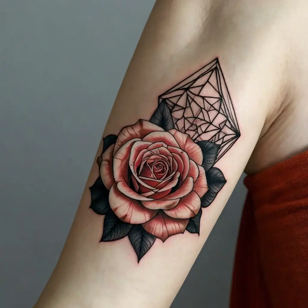 Tattoo of a detailed red rose with dark leaves, overlaid by a geometric diamond outline, symbolizing beauty and strength.