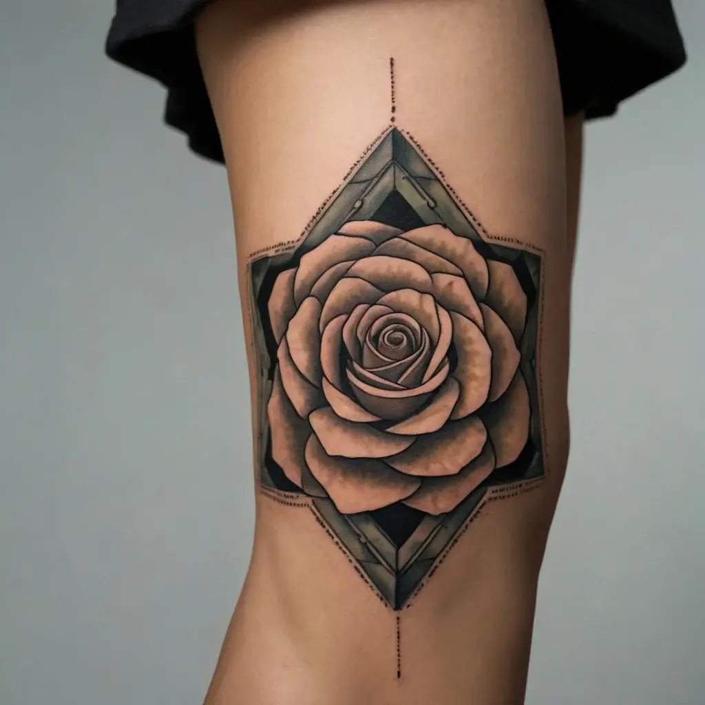 Geometric rose tattoo on thigh, featuring a detailed blossom centered in a diamond-shaped frame with subtle shading.