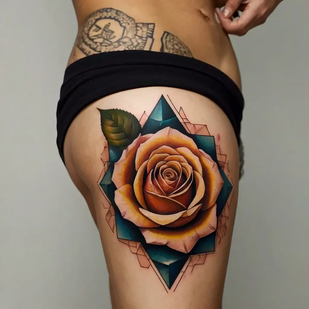 Geometric rose tattoo with intricate shading and vibrant colors, framed by angular shapes on the thigh.