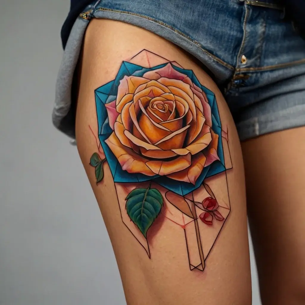 Tattoo of a vibrant orange rose with geometric shapes and teal accents; includes detailed green leaves and red berries.