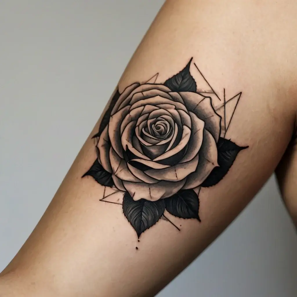 Detailed black and gray rose tattoo with geometric lines on the arm, showcasing soft shading and sharp accents.