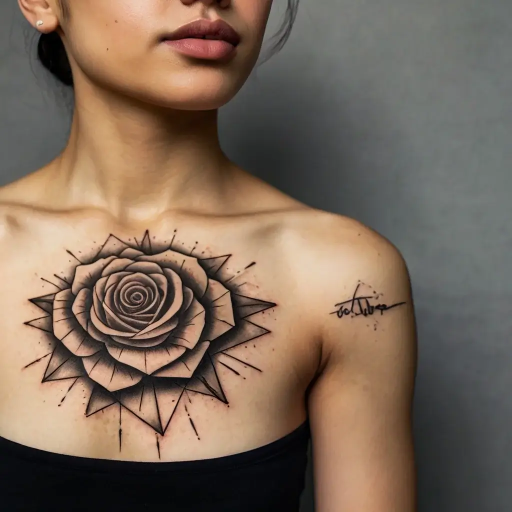 Geometric rose tattoo with detailed shading and petal layers, centered on chest; abstract signature on shoulder.