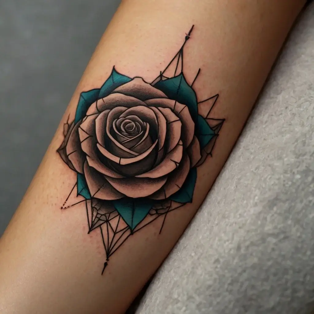 A geometric rose tattoo with intricate shading, teal geometric accents, and abstract linework on the arm.