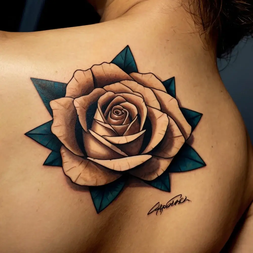 Detailed brown rose tattoo with vibrant green leaves on shoulder, showcasing realistic shading and signature below.