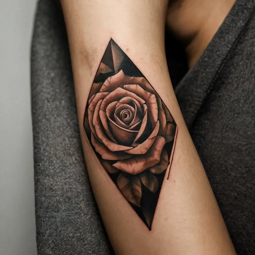 Tattoo of a realistic rose inside a geometric diamond shape, blending soft pinks and blacks for depth and contrast.