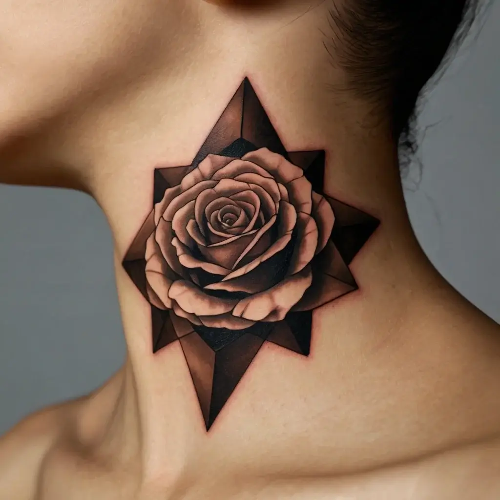 Geometric rose tattoo with a realistic bloom overlaid on sharp, black star shapes on the neck.