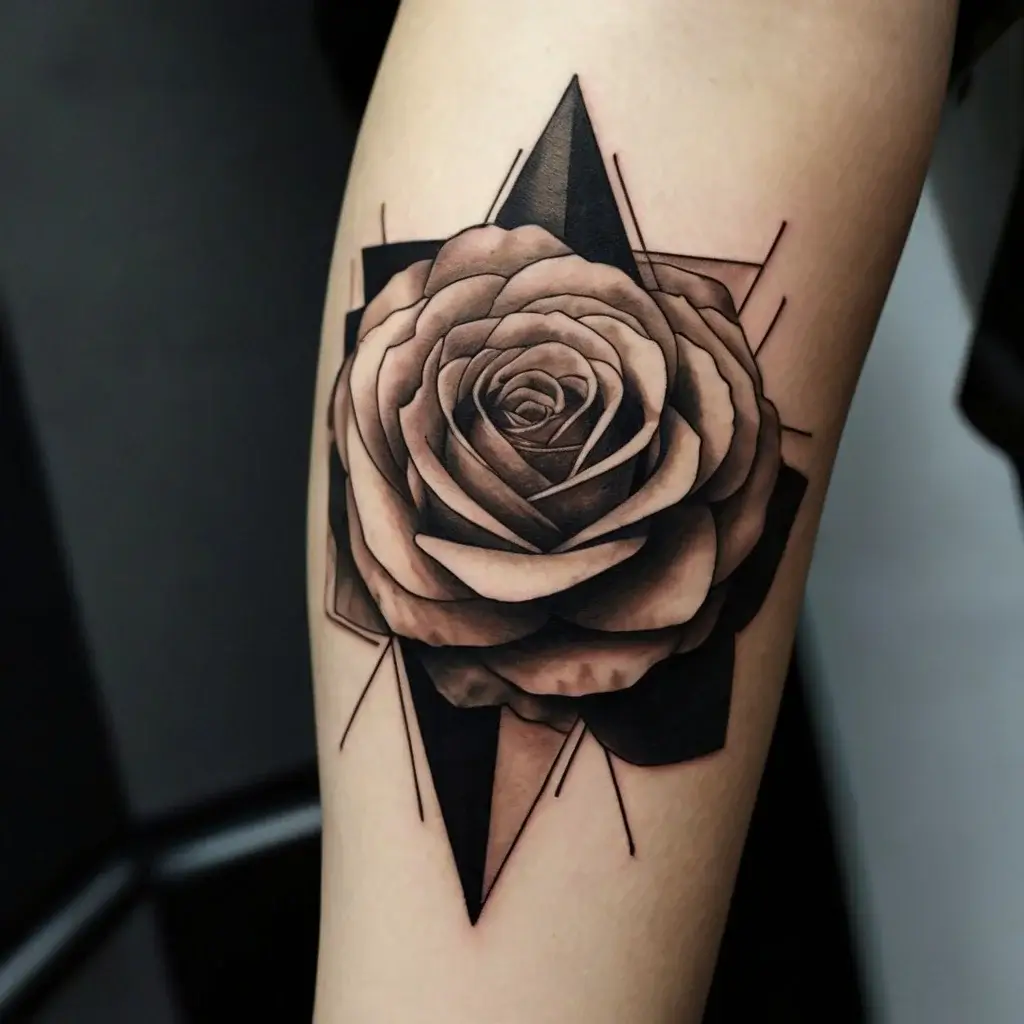 A realistic rose tattoo with geometric elements and bold shading, creating a 3D effect on the arm.