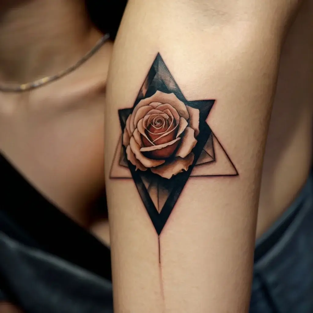 Geometric rose tattoo with realistic shading, set on overlapping triangles, blending nature and geometry artfully on the arm.