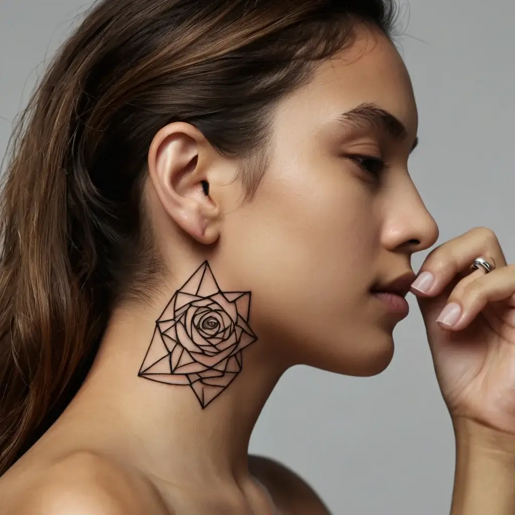 Geometric rose tattoo on the neck, featuring sharp lines and intricate petals forming a stunning symmetrical design.