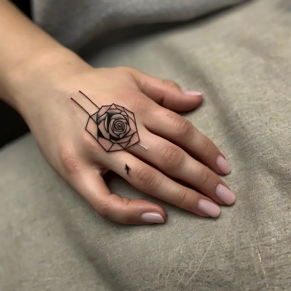 Geometric rose tattoo on hand, blending lines and curves for a modern, minimalist aesthetic with subtle shading.