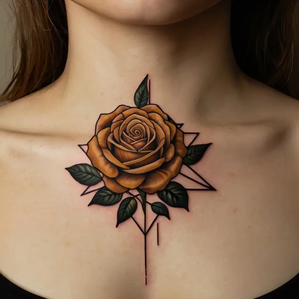 Tattoo of a realistic brown rose on chest with dark green leaves, accented by geometric lines and shading for depth.