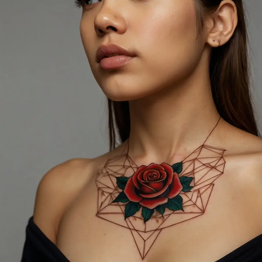 Geometric rose tattoo on the chest, vibrant red petals with green leaves framed by intricate line patterns.