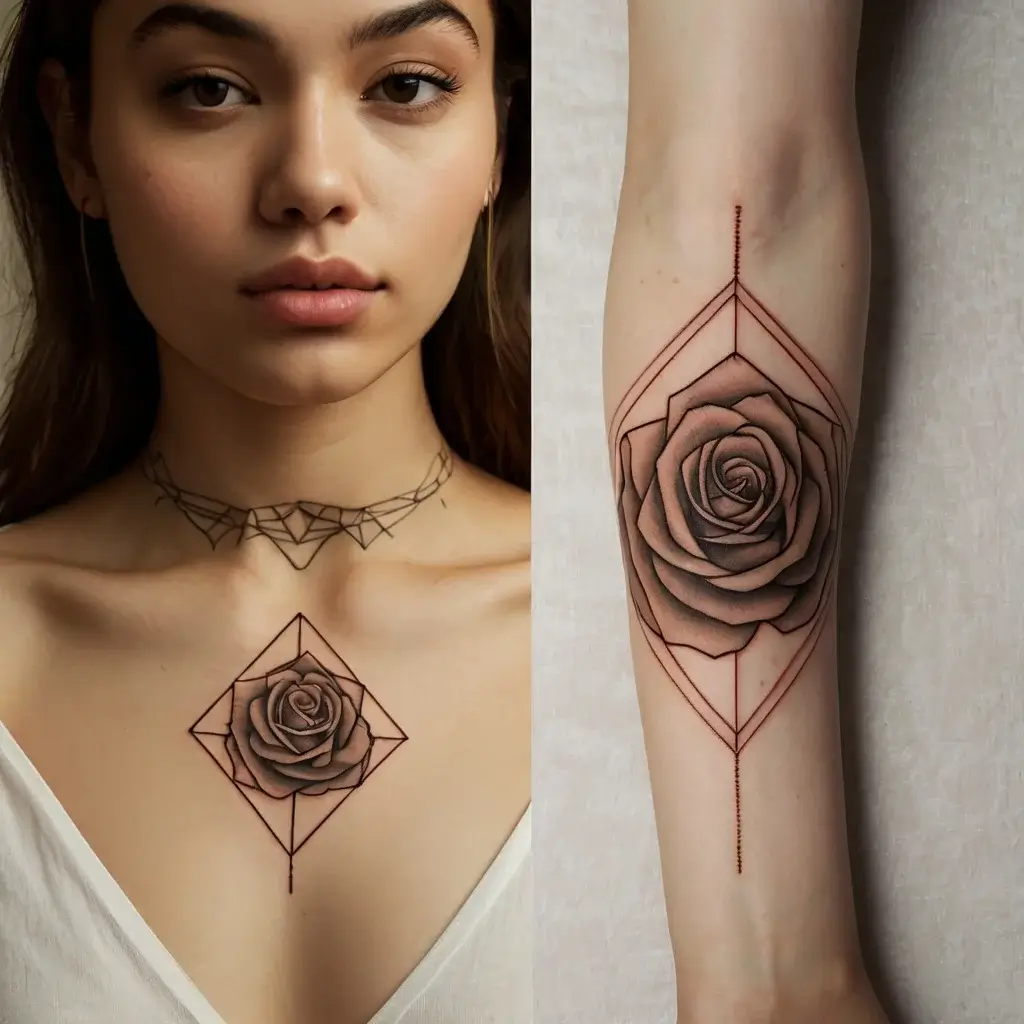 Geometric rose tattoos on chest and arm; intricate lines form frames around detailed rose designs.