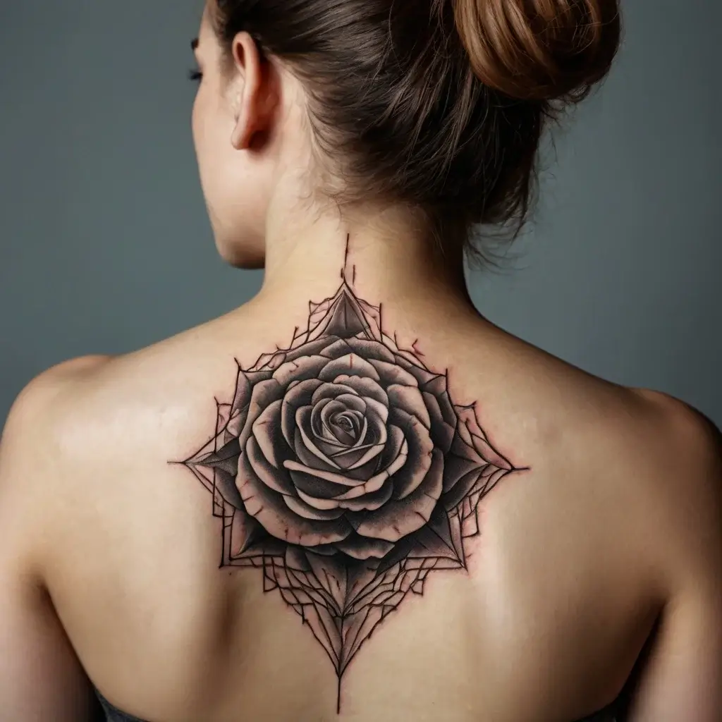 Intricate black and gray rose tattoo on the upper back, framed by geometric lines and subtle shading for depth.