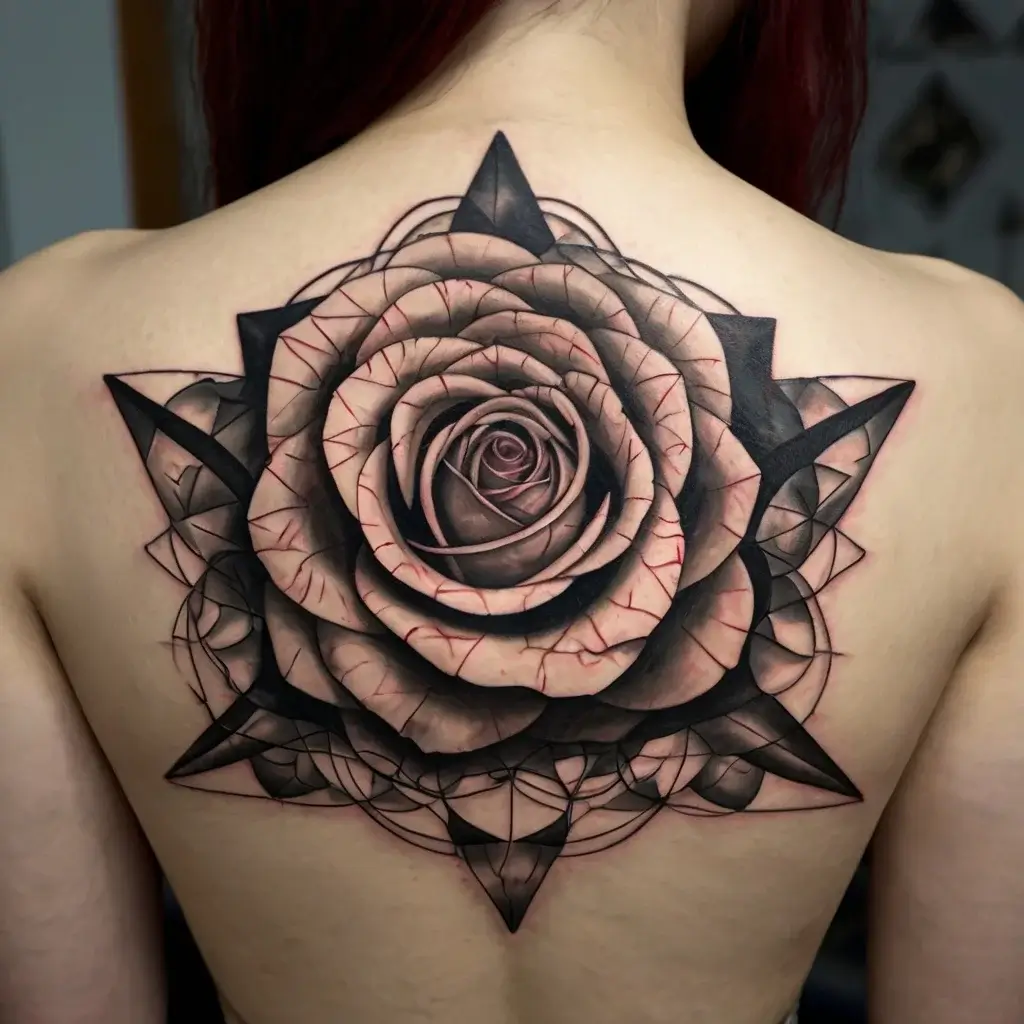 Ornate tattoo with a geometric rose design, featuring intricate shading and sharp triangular accents radiating outward.