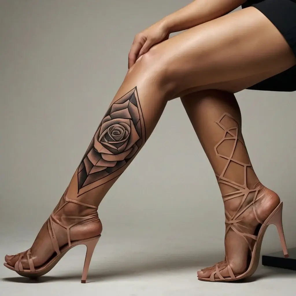 Geometric rose tattoo on calf, featuring intricate triangular patterns, blending realism and abstract art.