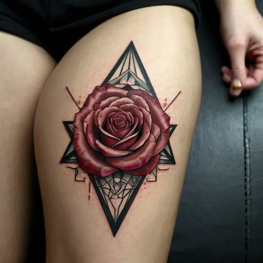 A vibrant red rose tattoo with intricate geometric and line art accents on a thigh, creating a blend of organic and abstract.