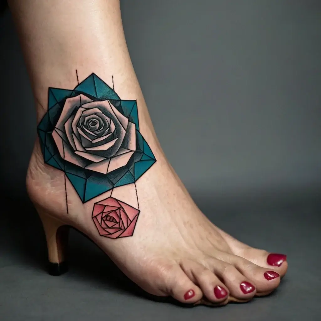 Geometric rose tattoo with teal and pink hues, blending modern and classic styles on foot for striking visual appeal.