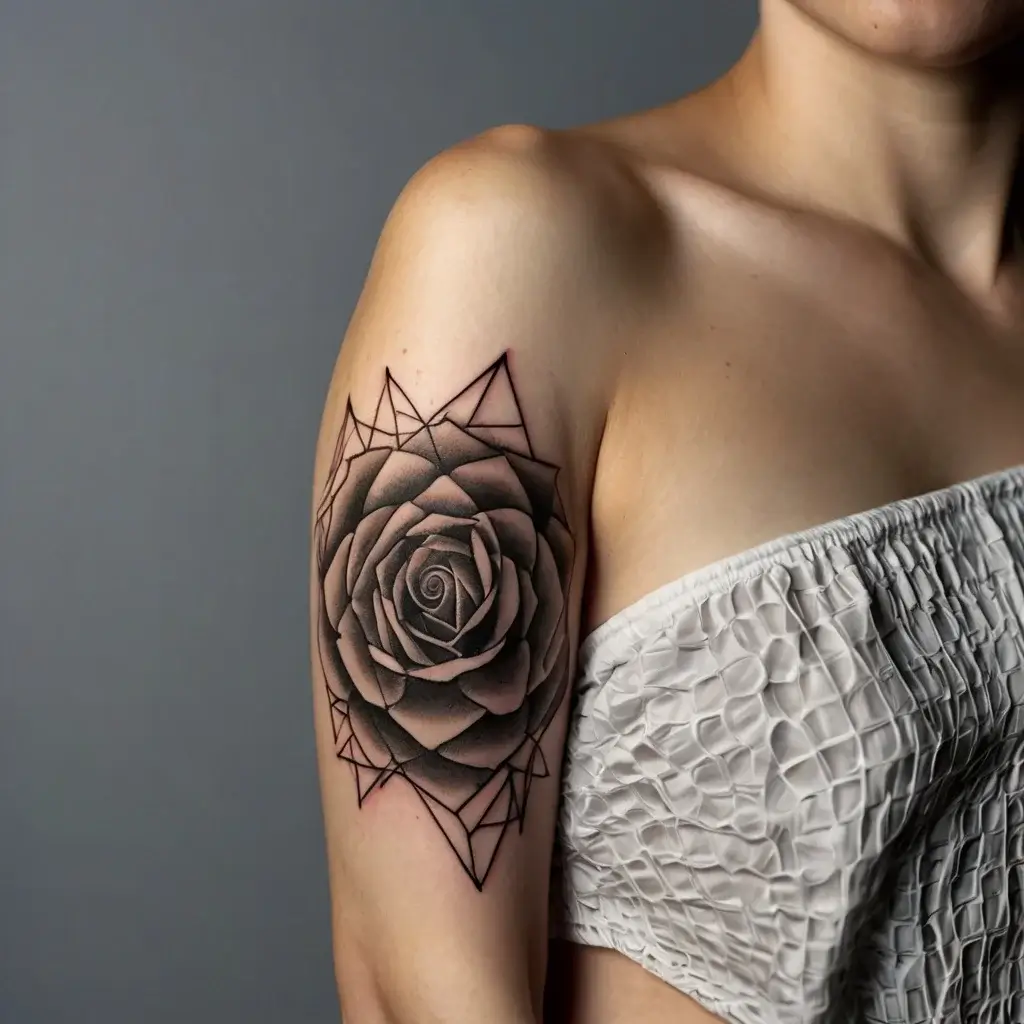 Geometric rose tattoo on upper arm, featuring a detailed black-and-gray rose centered within a triangle and line pattern.