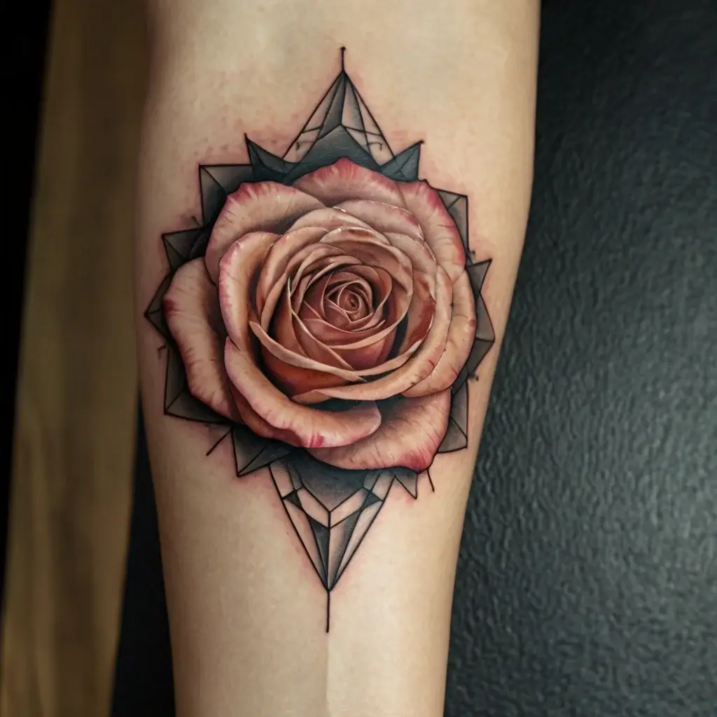 Realistic rose tattoo with soft pink petals, framed by intricate geometric shapes, symbolizing beauty and balance.