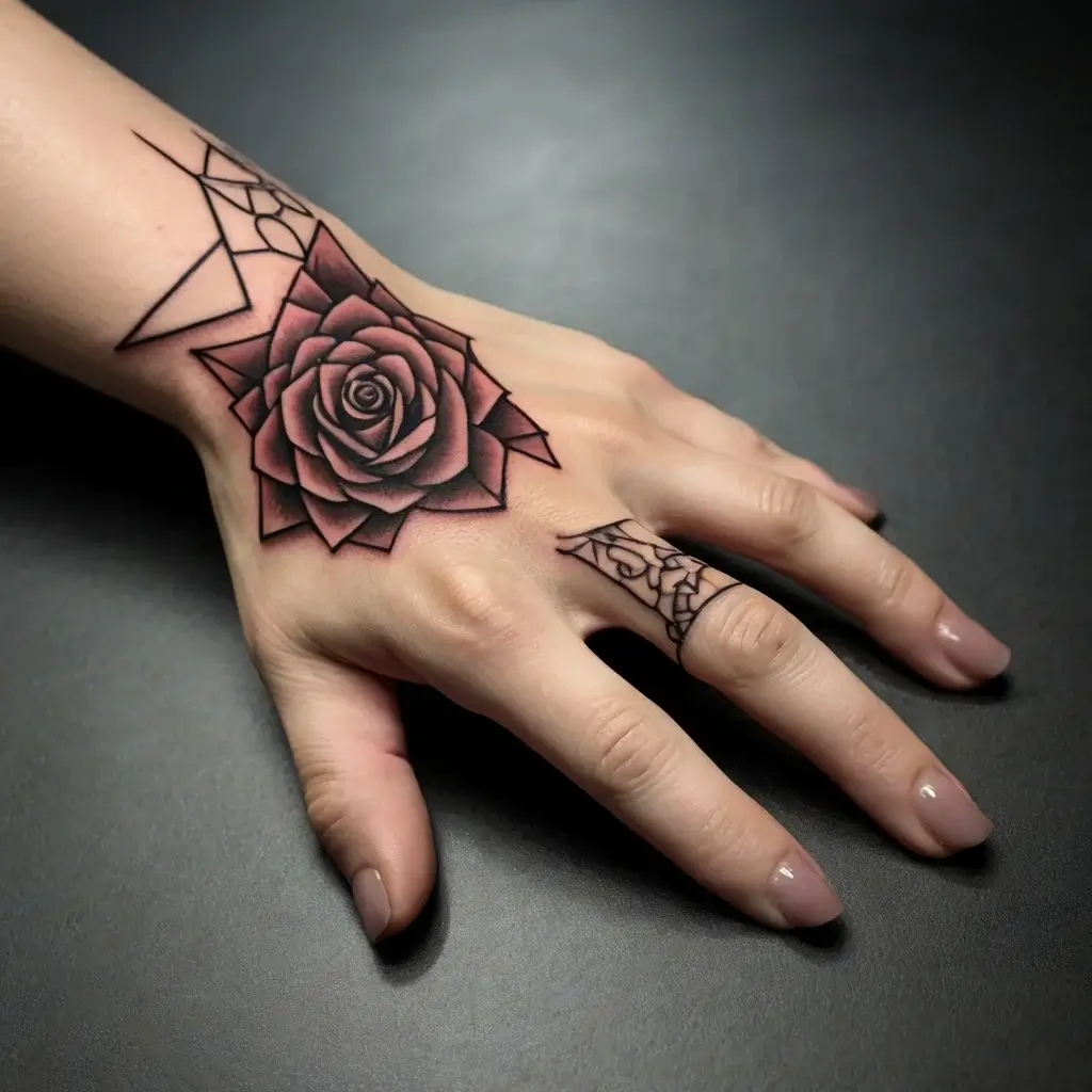 Geometric rose tattoo on hand with black shading, extending onto finger with angular lines for a modern, bold look.