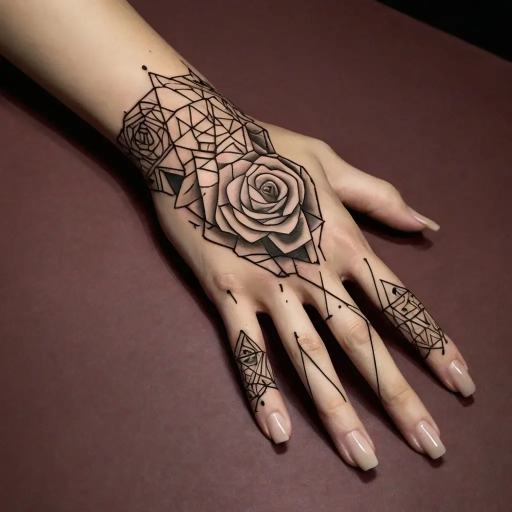 Geometric rose hand tattoo with intricate lines and dot work extending onto fingers, combining floral and abstract patterns.