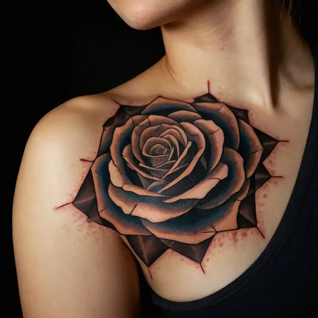 Realistic rose tattoo on shoulder with dark shading and intricate petal details, creating a 3D effect.