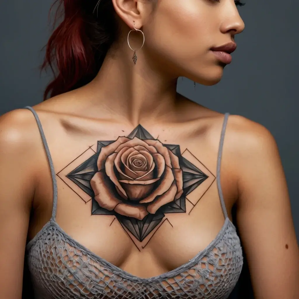 Chest tattoo of a detailed rose with geometric diamond shapes, blending realism and symmetry.