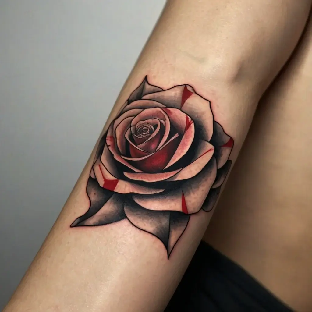 A realistic rose tattoo with black and red shading, highlighting detailed petals on the forearm.